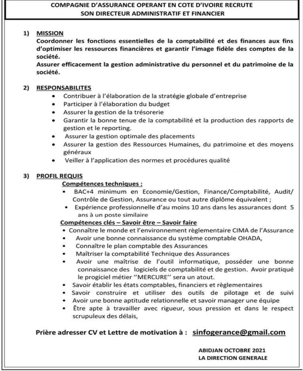 Recrutement de 01 Directeur Administratif et Financier